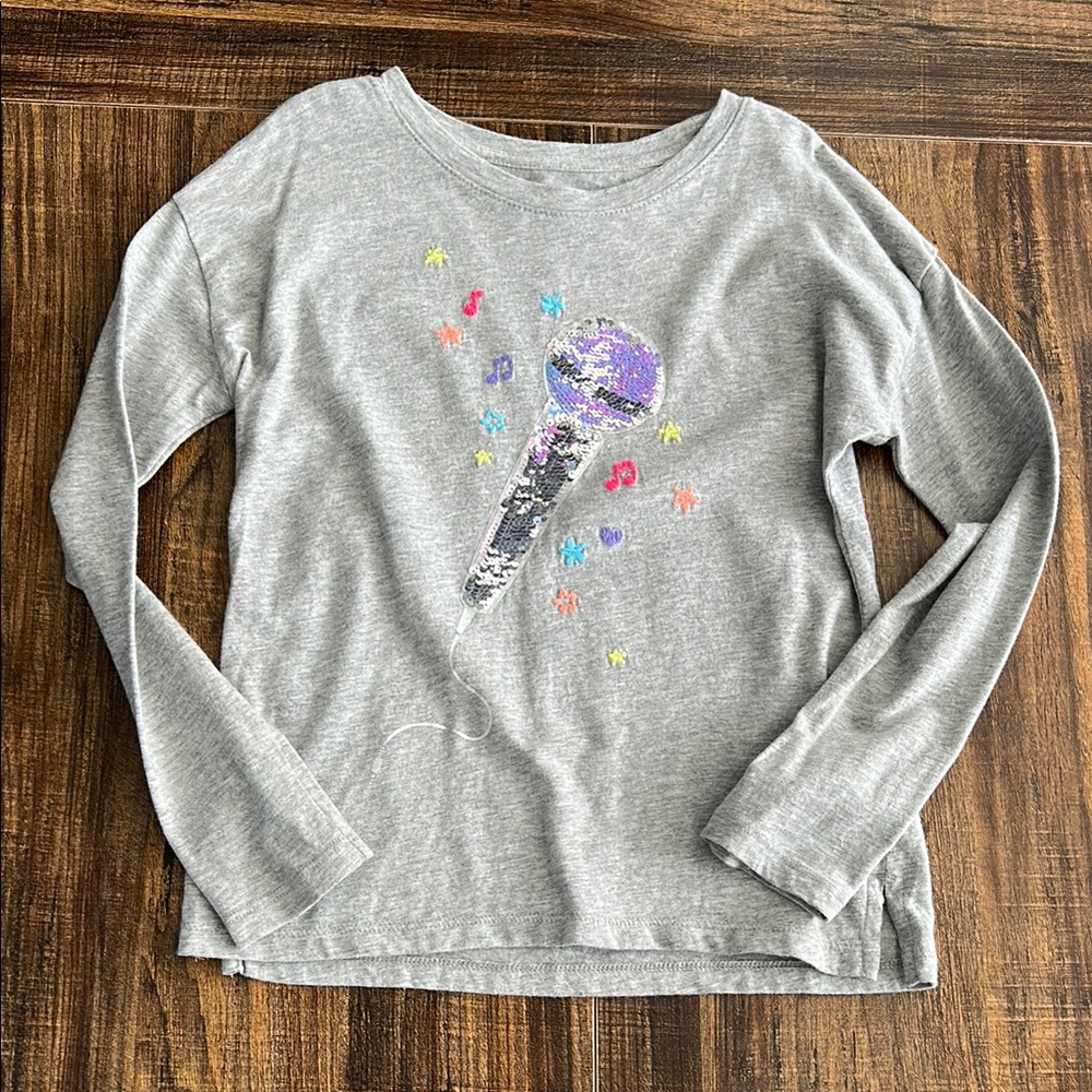 Kids Sequined Gray Microphone Graphic Long Sleeve Shirt